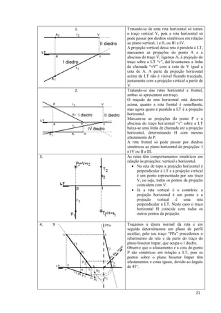 1.   Tratando-se de uma reta horizontal só temos
              o traço vertical V, pois a reta horizontal só
              pode passar por diedros simétricos em relação
              ao plano vertical, I e II, ou III e IV.
              A projeção vertical dessa reta é paralela á LT,
              marcamos as projeções do ponto A e a
              abscissa do traço V, ligamos A1 á projeção do
              traço sobre a LT “v”, daí levantamos a linha
              de chamada “vV” com a cota de V igual a
              cota de A. A parte da projeção horizontal
              acima da LT não é visível ficando tracejada,
              juntamente com a projeção vertical a partir de
              V.
         2.   Tratando-se das retas horizontal e frontal,
              ambas só apresentam um traço.
              O traçado da reta horizontal está descrito
              acima, quanto a reta frontal é semelhante,
              mas agora quem é paralela a LT é a projeção
              horizontal.
              Marcam-se as projeções do ponto P e a
              abscissa do traço horizontal “v” sobre a LT
              baixa-se uma linha de chamada até a projeção
              horizontal, determinando H com mesmo
              afastamento de P.
              A reta frontal só pode passar por diedros
              simétricos ao plano horizontal de projeções: I
              e IV ou II e III.
3.            As retas têm comportamentos simétricos em
              relação às projeções: vertical e horizontal.
                 · Na reta de topo a projeção horizontal é
                    perpendicular à LT e a projeção vertical
                    é um ponto representado por seu traço
                    V, ou seja, todos os pontos da projeção
                    coincidem com V.
                 · Já a reta vertical é o contrário: a
                    projeção horizontal é um ponto e a
                    projeção     vertical      é uma       reta
                    perpendicular à LT. Neste caso o traço
                    horizontal H coincide com todos os
                    outros pontos da projeção.

4.   9        Traçamos a épura normal da reta e em
              seguida determinamos um plano de perfil
              auxiliar, pelo seu traço “PPa” procedemos o
              rebatimento da reta e da parte do traço do
              plano bissetor impar, que ocupa o I diedro.
              Observe que o afastamento e a cota do ponto
              P são simétricas em relação a LT, pois os
              pontos sobre o plano bissetor Impar têm
              afastamentos e cotas iguais, devido ao ângulo
              de 45°.




                                                          21
 