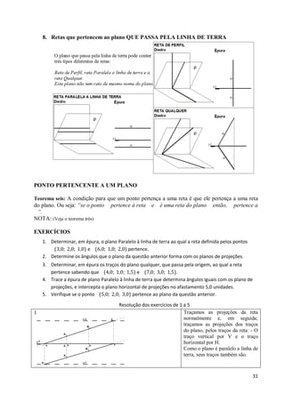 8. Retas que pertencem ao plano QUE PASSA PELA LINHA DE TERRA




PONTO PERTENCENTE A UM PLANO

Teorema seis: A condição para que um ponto pertença a uma reta é que ele pertença a uma reta
do plano. Ou seja: “se o ponto     pertence à reta    e   é uma reta do plano     então,    pertence a
 ”.
NOTA: (Veja o teorema três)

EXERCÍCIOS
    1. Determinar, em épura, o plano Paralelo à linha de terra ao qual a reta definida pelos pontos
        (3,0; 2,0; 1,0) e (6,0; 1,0; 2,0) pertence.
    2. Determine os ângulos que o plano da questão anterior forma com os planos de projeções.
    3. Determinar, em épura os traços do plano qualquer, que passa pela origem, ao qual a reta
       pertence sabendo que (4,0; 1,0; 1,5) e (7,0; 3,0; 1,5).
    4. Trace a épura de plano Paralelo à linha de terra que determina ângulos iguais com os plano de
       projeções, e intercepta o plano horizontal de projeções no afastamento 5,0 unidades.
    5. Verifique se o ponto (5,0; 2,0; 3,0) pertence ao plano da questão anterior.
                                       Resolução dos exercícios de 1 a 5
1                                                                    Traçamos as projeções da reta
                                                                     normalmente e, em seguida;
                                                                     traçamos as projeções dos traços
                                                                     do plano, pelos traços da reta: - O
                                                                     traço vertical por V e o traço
                                                                     horizontal por H.
                                                                     Como o plano é paralelo a linha de
                                                                     terra, seus traços também são.



                                                                                                       31
 