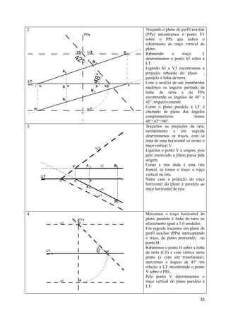 2   Traçando o plano de perfil auxiliar
    (PPa) encontramos o ponto V3
    sobre o PPa que indica o
    rebatimento do traço vertical do
    plano.
    Rebatendo         o    traço      1
    determinamos o ponto h3 sobre a
    LT.
    Ligando h3 a V3 encontramos a
    projeção rebatida do plano         ,
    paralelo à linha de terra.
    Com o auxílio de um transferidor
    medimos os ângulos partindo da
    linha de terra e do PPa
    encontrando os ângulos de 48° e
    42°, respectivamente.
    Como o plano paralelo à LT é
    chamado de plano dos ângulos
    complementares:              temos
    48°+42°=90°.
3   Traçamos as projeções da reta,
    normalmente e em seguida
    determinamos os traços, com se
    trata de uma horizontal só existe o
    traço vertical V.
    Ligamos o ponto V à origem, pois
    pelo enunciado o plano passa pela
    origem.
    Como a reta dada é uma reta
    frontal, só temos o traço: o traço
    vertical na reta.
    Neste caso a projeção do traço
    horizontal do plano é paralelo ao
    traço horizontal de reta.




4   Marcamos o traço horizontal do
    plano paralelo à linha de terra no
    afastamento igual a 5,0 unidades.
    Em seguida traçamos um plano de
    perfil auxiliar (PPa) interceptando
    o traço, do plano procurado, no
    ponto H.
    Rebatemos o ponto H sobre a linha
    de terra (LT) e com vértice neste
    ponto (e com um transferidor),
    marcamos o ângulo de 45° em
    relação à LT encontrando o ponto
    V sobre o PPa.
    Pelo ponto V determinamos o
    traço vertical do plano paralelo à
    LT.


                                     32
 