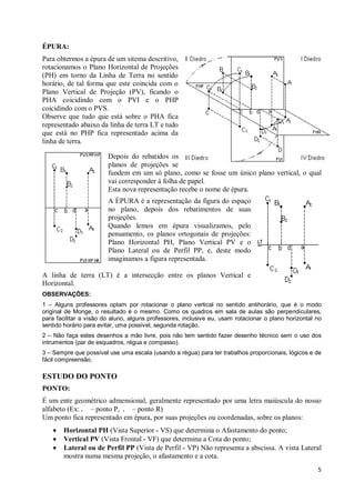 ÉPURA:
Para obtermos a épura de um sitema descritivo,
rotacionamos o Plano Horizontal de Projeções
(PH) em torno da Linha de Terra no sentido
horário, de tal forma que este coincida com o
Plano Vertical de Projeção (PV), ficando o
PHA coicidindo com o PVI e o PHP
coicidindo com o PVS.
Observe que tudo que está sobre o PHA fica
representado abaixo da linha de terra LT e tudo
que está no PHP fica representado acima da
linha de terra.

                        Depois do rebatidos os
                        planos de projeções se
                        fundem em um só plano, como se fosse um único plano vertical, o qual
                        vai corresponder à folha de papel.
                        Esta nova representação recebe o nome de épura.
                        A ÉPURA é a representação da figura do espaço
                        no plano, depois dos rebatimentos de suas
                        projeções.
                        Quando lemos em épura visualizamos, pelo
                        pensamento, os planos ortogonais de projeções:
                        Plano Horizontal PH, Plano Vertical PV e o
                        Plano Lateral ou de Perfil PP, e, deste modo
                        imaginamos a figura representada.

A linha de terra (LT) é a intersecção entre os planos Vertical e
Horizontal.
OBSERVAÇÕES:
1 – Alguns professores optam por rotacionar o plano vertical no sentido antihorário, que é o modo
original de Monge, o resultado é o mesmo. Como os quadros em sala de aulas são perpendiculares,
para facilitar a visão do aluno, alguns professores, inclusive eu, usam rotacionar o plano horizontal no
sentido horário para evitar, uma possível, segunda rotação.
2 – Não faça estes desenhos a mão livre, pois não tem sentido fazer desenho técnico sem o uso dos
intrumentos (par de esquadros, régua e compasso).
3 – Sempre que possível use uma escala (usando a régua) para ter trabalhos proporcionais, lógicos e de
fácil compreensão.

ESTUDO DO PONTO
PONTO:
É um ente geométrico admensional, geralmente representado por uma letra maiúscula do nosso
alfabeto (Ex: . – ponto P, . – ponto R)
Um ponto fica representado em épura, por suas projeções ou coordenadas, sobre os planos:
    ·   Horizontal PH (Vista Superior - VS) que determina o Afastamento do ponto;
    ·   Vertical PV (Vista Frontal - VF) que determina a Cota do ponto;
    ·   Lateral ou de Perfil PP (Vista de Perfil - VP) Não representa a abscissa. A vista Lateral
        mostra numa mesma projeção, o afastamento e a cota.
                                                                                                      5
 