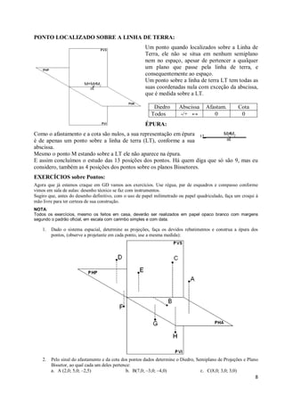 PONTO LOCALIZADO SOBRE A LINHA DE TERRA:
                                                       Um ponto quando localizados sobre a Linha de
                                                       Terra, ele não se situa em nenhum semiplano
                                                       nem no espaço, apesar de pertencer a qualquer
                                                       um plano que passe pela linha de terra, e
                                                       consequentemente ao espaço.
                                                       Um ponto sobre a linha de terra LT tem todas as
                                                       suas coordenadas nula com exceção da abscissa,
                                                       que é medida sobre a LT.

                                                           Diedro       Abscissa      Afastam.        Cota
                                                          Todos         -/+ ↔            0             0
                                                       ÉPURA:
Como o afastamento e a cota são nulos, a sua representação em épura
é de apenas um ponto sobre a linha de terra (LT), conforme a sua
abscissa.
Mesmo o ponto M estando sobre a LT ele não aparece na épura.
E assim concluímos o estudo das 13 posições dos pontos. Há quem diga que só são 9, mas eu
considero, também as 4 posições dos pontos sobre os planos Bissetores.
EXERCÍCIOS sobre Pontos:
Agora que já estamos craque em GD vamos aos exercícios. Use régua, par de esquadros e compasso conforme
vimos em sala de aulas: desenho técnico se faz com instrumentos.
Sugiro que, antes do desenho definitivo, com o uso de papel milimetrado ou papel quadriculado, faça um croqui á
mão livre para ter certeza de sua construção.
NOTA:
Todos os exercícios, mesmo os feitos em casa, deverão ser realizados em papel opaco branco com margens
segundo o padrão oficial, em escala com carimbo simples e com data.

    1.   Dado o sistema espacial, determine as projeções, faça os devidos rebatimentos e construa a épura dos
         pontos, (observe a projetante em cada ponto, use a mesma medida):




    2.   Pelo sinal do afastamento e da cota dos pontos dados determine o Diedro, Semiplano de Projeções e Plano
         Bissetor, ao qual cada um deles pertence:
         a. A (2,0; 5,0; –2,5)                 b. B(7,0; –3,0; –4,0)                c. C(8,0; 3,0; 3,0)
                                                                                                              8
 