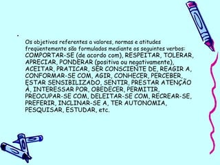 •
Os objetivos referentes a valores, normas e atitudes
freqüentemente são formulados mediante os seguintes verbos:
COMPORTAR-SE (de acordo com), RESPEITAR, TOLERAR,
APRECIAR, PONDERAR (positiva ou negativamente),
ACEITAR, PRATICAR, SER CONSCIENTE DE, REAGIR A,
CONFORMAR-SE COM, AGIR, CONHECER, PERCEBER,
ESTAR SENSIBILIZADO, SENTIR, PRESTAR ATENÇÃO
À, INTERESSAR POR, OBEDECER, PERMITIR,
PREOCUPAR-SE COM, DELEITAR-SE COM, RECREAR-SE,
PREFERIR, INCLINAR-SE A, TER AUTONOMIA,
PESQUISAR, ESTUDAR, etc.
 