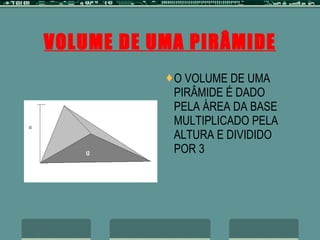 VOLUME DE UMA PIRÂMIDE O VOLUME DE UMA PIRÂMIDE É DADO PELA ÁREA DA BASE MULTIPLICADO PELA ALTURA E DIVIDIDO POR 3 