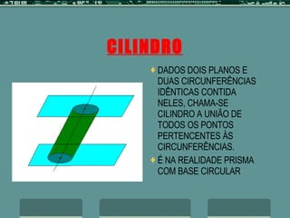 CILINDRO DADOS DOIS PLANOS E DUAS CIRCUNFERÊNCIAS IDÊNTICAS CONTIDA NELES, CHAMA-SE CILINDRO A UNIÃO DE TODOS OS PONTOS PERTENCENTES ÀS CIRCUNFERÊNCIAS. É NA REALIDADE PRISMA COM BASE CIRCULAR 