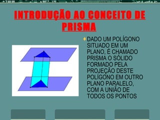 INTRODUÇÃO AO CONCEITO DE PRISMA   DADO UM POLÍGONO SITUADO EM UM PLANO, É CHAMADO PRISMA O SÓLIDO FORMADO PELA PROJEÇÃO DESTE POLÍGONO EM OUTRO PLANO PARALELO, COM A UNIÃO DE TODOS OS PONTOS 
