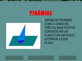 PIRÂMIDE DEFINE-SE PIRÂMIDE COMO A UNIÃO DE TRÊS OU MAIS PONTOS CONTIDOS EM UM PLANO COM UM PONTO EXTERIOR A ESSE PLANO 