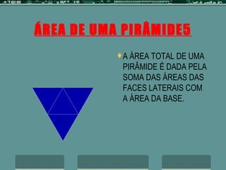 ÁREA DE UMA PIRÂMIDE5 A ÁREA TOTAL DE UMA PIRÂMIDE É DADA PELA SOMA DAS ÁREAS DAS FACES LATERAIS COM A ÁREA DA BASE. 