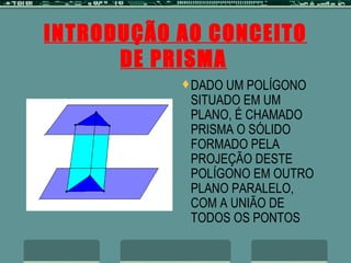 INTRODUÇÃO AO CONCEITO DE PRISMA   DADO UM POLÍGONO SITUADO EM UM PLANO, É CHAMADO PRISMA O SÓLIDO FORMADO PELA PROJEÇÃO DESTE POLÍGONO EM OUTRO PLANO PARALELO, COM A UNIÃO DE TODOS OS PONTOS 