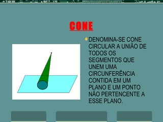 CONE DENOMINA-SE CONE CIRCULAR A UNIÃO DE TODOS OS SEGMENTOS QUE UNEM UMA CIRCUNFERÊNCIA CONTIDA EM UM PLANO E UM PONTO NÃO PERTENCENTE A ESSE PLANO. 