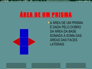 ÁREA DE UM PRISMA A ÁREA DE UM PRISMA É DADA PELO DOBRO DA ÁREA DA BASE SOMADA À SOMA DAS ÁREAS DAS FACES LATERAIS 