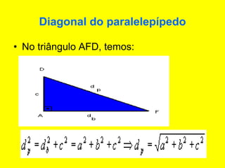Diagonal do paralelepípedo
• No triângulo AFD, temos:
 