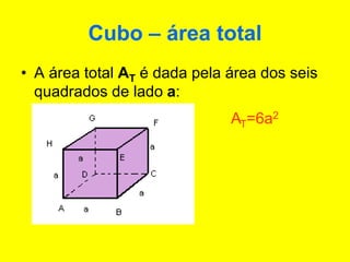 Cubo – área total
• A área total AT é dada pela área dos seis
quadrados de lado a:
AT=6a2
 
