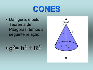 CONES
• Da figura, e pelo
Teorema de
Pitágoras, temos a
seguinte relação:
• g2= h2 + R2
 