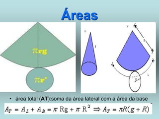 Áreas
• área total (AT):soma da área lateral com a área da base
•
 