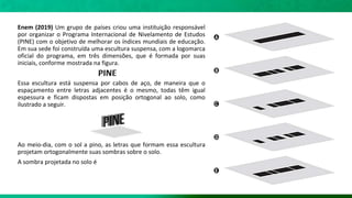 Enem (2019) Um grupo de países criou uma instituição responsável
por organizar o Programa Internacional de Nivelamento de Estudos
(PINE) com o objetivo de melhorar os índices mundiais de educação.
Em sua sede foi construída uma escultura suspensa, com a logomarca
oficial do programa, em três dimensões, que é formada por suas
iniciais, conforme mostrada na figura.
Essa escultura está suspensa por cabos de aço, de maneira que o
espaçamento entre letras adjacentes é o mesmo, todas têm igual
espessura e ficam dispostas em posição ortogonal ao solo, como
ilustrado a seguir.
Ao meio-dia, com o sol a pino, as letras que formam essa escultura
projetam ortogonalmente suas sombras sobre o solo.
A sombra projetada no solo é
 