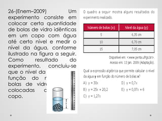 26-(Enem–2009) Um
experimento consiste em
colocar certa quantidade
de bolas de vidro idênticas
em um copo com água
até certo nível e medir o
nível da água, conforme
ilustrado na figura a seguir.
Como resultado do
experimento, concluiu-se
que o nível da água é em
função do número de
bolas de vidro que são
colocadas dentro do
copo.
 