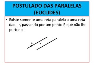 POSTULADO DAS PARALELAS
(EUCLIDES)
• Existe somente uma reta paralela a uma reta
dada r, passando por um ponto P que não lhe
pertence.
 