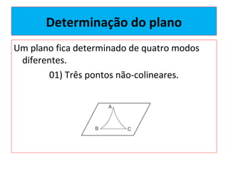 Determinação do plano
Um plano fica determinado de quatro modos
diferentes.
01) Três pontos não-colineares.
 