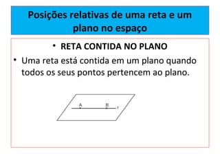Posições relativas de uma reta e um
plano no espaço
• RETA CONTIDA NO PLANO
• Uma reta está contida em um plano quando
todos os seus pontos pertencem ao plano.
 