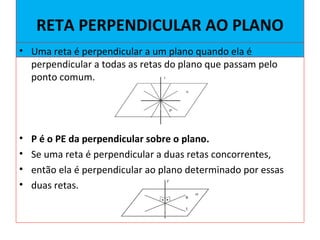 RETA PERPENDICULAR AO PLANO
• Uma reta é perpendicular a um plano quando ela é
perpendicular a todas as retas do plano que passam pelo
ponto comum.
• P é o PE da perpendicular sobre o plano.
• Se uma reta é perpendicular a duas retas concorrentes,
• então ela é perpendicular ao plano determinado por essas
• duas retas.
 