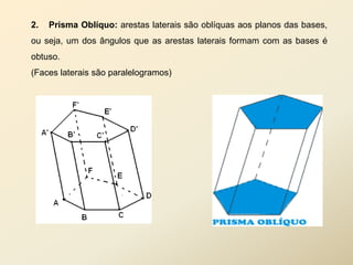 2.   Prisma Oblíquo: arestas laterais são oblíquas aos planos das bases,
ou seja, um dos ângulos que as arestas laterais formam com as bases é
obtuso.
(Faces laterais são paralelogramos)
 