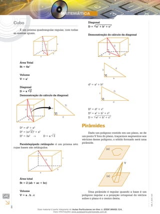 6
EM_V_MAT_029
Cubo
É um prisma quadrangular regular, com todas
as arestas iguais.
Área Total
St = 6a2
Volume
V = a3
Diagonal
D = a 3
Demonstração do cálculo da diagonal
D2
= d2
+ a2
D2
= (a 2)2
+ a2
D2
= 3a2
	 	 D = a 3
Paralelepípedo retângulo: é um prisma reto
cujas bases são retângulos.
Área total
St = 2 (ab + ac + bc)
Volume
V = a . b . c
Diagonal
D = a2
+ b2
+ c2
Demonstração do cálculo da diagonal
d2
= a2
+ b2
D2
= d2
+ c2
D2
= a2
+ b2
+ c2
D = a2
+ b2
+ c2
Pirâmides
Dado um polígono contido em um plano, se de
um ponto V fora do plano, traçarmos segmentos aos
vértices desse polígono, o sólido formado será uma
pirâmide.
(a)
V
(a)
Uma pirâmide é regular quando a base é um
polígono regular e a projeção ortogonal do vértice
sobre o plano é o centro desta.
Esse material é parte integrante do Aulas Particulares on-line do IESDE BRASIL S/A,
mais informações www.aulasparticularesiesde.com.br
 