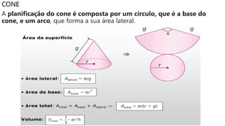 CONE
A planificação do cone é composta por um círculo, que é a base do
cone, e um arco, que forma a sua área lateral.
 