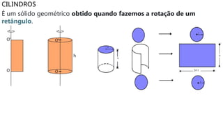 CILINDROS
É um sólido geométrico obtido quando fazemos a rotação de um
retângulo.
 
