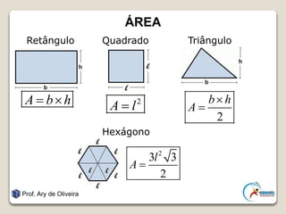 ÁREA
Retângulo Quadrado Triângulo
Hexágono
Prof. Ary de Oliveira
A b h  2
A l
2
b h
A


2
3 3
2
l
A 
 