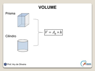 VOLUME
Prisma
Cilindro
Prof. Ary de Oliveira
BV A h 
 