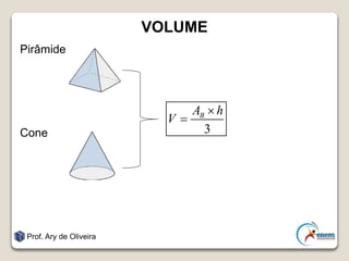 VOLUME
Pirâmide
Cone
Prof. Ary de Oliveira
3
BA h
V


 