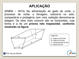 APLICAÇÃO
(ENEM – 2014) Na alimentação de gado de corte, o
processo de cortar a forragem, colocá-la no solo,
compactá-la e protegê-la com uma vedação denomina-se
silagem. Os silos mais comuns são os horizontais, cuja
forma é a de um prisma reto trapezoidal, conforme
mostrado na figura.
Prof. Ary de Oliveira
 