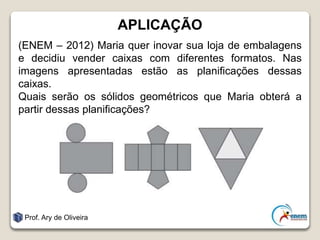 APLICAÇÃO
(ENEM – 2012) Maria quer inovar sua loja de embalagens
e decidiu vender caixas com diferentes formatos. Nas
imagens apresentadas estão as planificações dessas
caixas.
Quais serão os sólidos geométricos que Maria obterá a
partir dessas planificações?
Prof. Ary de Oliveira
 