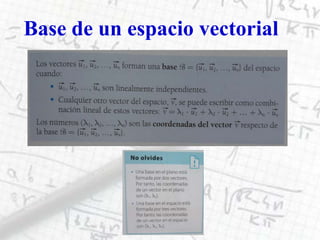 Definición: Espacio vectorialUn conjunto V con dos operaciones, una +  y otra *  y donde existen 0,1∊V  y un cuerpo K (usualmente ℚ,ℝó ℂ) verificando:Respecto a +, Conmutativa AsociativaElemento neutroEl elemento simétrico de     es su opuesto Respecto a *Distributiva respecto a la + de vectores  Distributiva respecto a la + de escalares Asociativa mixta  Elemento neutro Pues bien, a este conjunto formado por {V, +, *, K}  que verifique todas las propiedades anteriores se le llama espacio vectorial sobre el cuerpo K