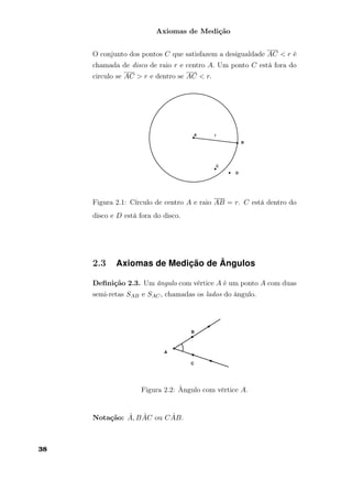 Axiomas de Medição
O conjunto dos pontos C que satisfazem a desigualdade AC < r é
chamada de disco de raio r e centro A. Um ponto C está fora do
circulo se AC > r e dentro se AC < r.
Figura 2.1: Círculo de centro A e raio AB = r. C está dentro do
disco e D está fora do disco.
2.3 Axiomas de Medição de Ângulos
Deﬁnição 2.3. Um ângulo com vértice A é um ponto A com duas
semi-retas SAB e SAC, chamadas os lados do ângulo.
Figura 2.2: Ângulo com vértice A.
Notação: ˆA, B ˆAC ou C ˆAB.
38
 