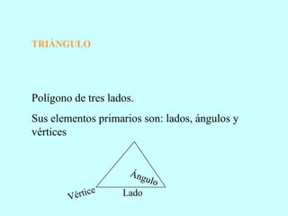 Polígono de tres lados. Sus elementos primarios son: lados, ángulos y vértices Vértice Lado Ángulo TRIÁNGULO 