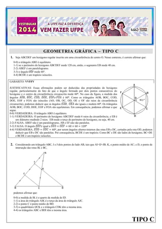 1

GEOMETRIA GRÁFICA – TIPO A

GEOMETRIA GRÁFICA – TIPO C
1. Seja ABCDEF um hexágono regular inscrito em uma circunferência de centro O. Nesse contexto, é correto afirmar que:
0-0) o triângulo ABO é equilátero.
1-1) se o perímetro do hexágono ABCDEF mede 120 cm, então, o segmento EB mede 40 cm.
2-2) ABEF é um paralelogramo.
3-3) o ângulo ̂ mede 60°.
4-4) BCDE é um trapézio isósceles.
GABARITO: VVFFV
JUSTIFICATIVAS: Essas afirmações podem ser deduzidas das propriedades do hexágono
regular, particularmente do fato de que o ângulo formado por dois pontos consecutivos do
hexágono e o centro da circunferência circunscrita mede 60°. No caso da figura, a medida dos
ângulos ̂ ̂ ̂ ̂ ̂ ̂ é 60°. Como os triângulos AOB, BOC, COD,
DOE, EOF e FOA são isósceles (AO, OB, OC, OD, OE e OF são raios da circunferência
circunscrita), podemos deduzir que os ângulos ̂ ̂ são iguais e medem 60°. Os triângulos
AOB, BOC, COD, DOE, EOF e FOA são equilaterais. Em consequência, podemos afirmar o que
segue.
0-0) VERDADEIRA. O triângulo ABO é equilátero.
1-1) VERDADEIRA. O perímetro do hexágono ABCDEF mede 6 raios da circunferência, e EB é
um diâmetro medindo 2 raios. EB mede o terço do perímetro do hexágono, ou seja, 40 cm.
2-2) FALSA. ABEF não é um paralelogramo, AB e EF não são paralelos.
3-3) FALSA. O ângulo ̂ é igual a ̂ ̂
°
̂
4-4) VERDADEIRA. ̂
, por serem ângulos alterno-internos das retas EB e DC, cortados pela reta OD, podemos
deduzir que EB e DC são paralelas. Por consequência, BCDE é um trapézio. Como BC e DE são lados do hexágono, BC=DE
e BCDE é um trapézio isósceles.

2. Considerando um triângulo ABC, I e J dois pontos do lado AB, tais que AI=IJ=JB; K, o ponto médio de AC; e D, o ponto de
interseção das retas IK e BC,

podemos afirmar que:
0-0) a medida de IK é o quarto da medida de ID.
1-1) a área do triângulo AIK é o terço da área do triângulo AJC.
2-2) o ponto C é ponto médio de BD.
3-3) o quadrilátero IJCK e o triângulo CDK têm a mesma área.
4-4) os triângulos ABC e BDI têm a mesma área.

TIPO C

 