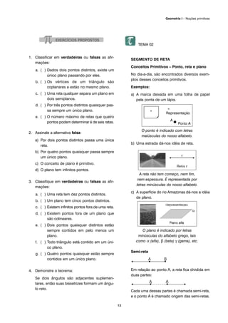 1. Classificar em verdadeiras ou falsas as afir-
mações:
a. ( ) Dados dois pontos distintos, existe um
único plano passando por eles.
b. ( ) Os vértices de um triângulo são
coplanares e estão no mesmo plano.
c. ( ) Uma reta qualquer separa um plano em
dois semiplanos.
d. ( ) Por três pontos distintos quaisquer pas-
sa sempre um único plano.
e. ( ) O número máximo de retas que quatro
pontos podem determinar é de seis retas.
2. Assinale a alternativa falsa:
a) Por dois pontos distintos passa uma única
reta.
b) Por quatro pontos quaisquer passa sempre
um único plano.
c) O conceito de plano é primitivo.
d) O plano tem infinitos pontos.
3. Classifique em verdadeiras ou falsas as afir-
mações:
a. ( ) Uma reta tem dez pontos distintos.
b. ( ) Um plano tem cinco pontos distintos.
c. ( ) Existem infinitos pontos fora de uma reta.
d. ( ) Existem pontos fora de um plano que
são colineares.
e. ( ) Dois pontos quaisquer distintos estão
sempre contidos em pelo menos um
plano.
f. ( ) Todo triângulo está contido em um úni-
co plano.
g. ( ) Quatro pontos quaisquer estão sempre
contidos em um único plano.
4. Demonstre o teorema:
Se dois ângulos são adjacentes suplemen-
tares, então suas bissetrizes formam um ângu-
lo reto.
TEMA 02
SEGMENTO DE RETA
Conceitos Primitivos – Ponto, reta e plano
No dia-a-dia, são encontrados diversos exem-
plos desses conceitos primitivos.
Exemplos:
a) A marca deixada em uma folha de papel
pela ponta de um lápis.
O ponto é indicado com letras
maiúsculas do nosso alfabeto.
b) Uma estrada dá-nos idéia de reta.
A reta não tem começo, nem fim,
nem espessura. É representada por
letras minúsculas do nosso alfabeto.
c) A superfície do rio Amazonas dá-nos a idéia
de plano.
O plano é indicado por letras
minúsculas do alfabeto grego, tais
como α (alfa), β (beta) γ (gama), etc.
Semi-reta
Em relação ao ponto A, a reta fica dividida em
duas partes:
Cada uma dessas partes é chamada semi-reta,
e o ponto A é chamado origem das semi-retas.
13
Geometria I – Noções primitivas
 