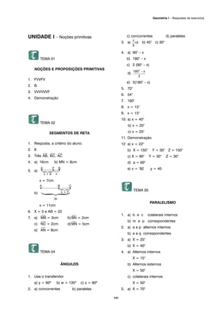 141
Geometria I – Respostas de exercícios
UNIDADE I – Noções primitivas
TEMA 01
NOÇÕES E PROPOSIÇÕES PRIMITIVAS
1. FVVFV
2. B
3. VVVVVVF
4. Demonstração
TEMA 02
SEGMENTOS DE RETA
1. Resposta, a critério do aluno.
2. 8
3. Três
⎯
AB,
⎯
BC,
⎯
AC
4. a) 16cm b) MN = 8cm
5. a)
x = 7cm
b)
x = 11cm
6. X = 5 e AB = 22
7. a)
⎯
MB = 3cm b)
⎯
BN = 2cm
c)
⎯
NC = 2cm d)
⎯
MN = 5cm
e)
⎯
AN = 8cm
TEMA 04
ÂNGULOS
1. Use o transferidor
a) y = 60º b) w = 135º c) z = 90º
2. a) concorrentes b) paralelas
c) concorrentes d) paralelas
3. a) b) 45° c) 30°
4. a) 90° – x
b) 180° – x
c) 2 (90° – x)
d)
e) 3(180° – x)
5. 70°
6. 54°
7. 160°
8. x = 15°
9. x = 15°
10. a) x = 40°
b) x = 20°
c) x = 25°
11. Demonstração
12 a) x = 22°
b) X = 150° Y = 30° Z = 150°
c) X = 90° Y = 30° Z = 30°
d) a = 60°
e) x = ‘82 y = 40
TEMA 05
PARALELISMO
1. a) b e c colaterais internos
b) m e p correspondentes
2. a) a e p alternos internos
b) a e q correspondentes
3. a) X = 25°
b) X = 40°
4. a) Alternos internos
X = 15°
b) Alternos externos
X = 50°
c) colaterais internos
X = 50°
5. a) X = 70°
 