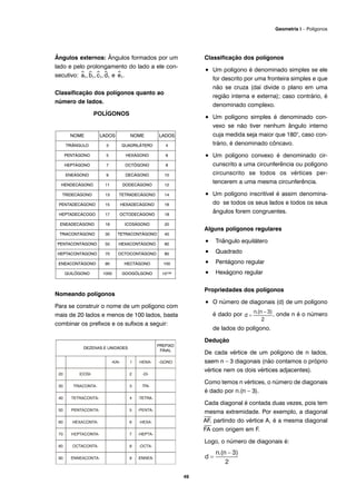 Ângulos externos: Ângulos formados por um
lado e pelo prolongamento do lado a ele con-
secutivo: ^a1,^b1,^c1,^d1 e ^e1.
Classificação dos polígonos quanto ao
número de lados.
POLÍGONOS
Nomeando polígonos
Para se construir o nome de um polígono com
mais de 20 lados e menos de 100 lados, basta
combinar os prefixos e os sufixos a seguir:
Classificação dos polígonos
• Um polígono é denominado simples se ele
for descrito por uma fronteira simples e que
não se cruza (daí divide o plano em uma
região interna e externa); caso contrário, é
denominado complexo.
• Um polígono simples é denominado con-
vexo se não tiver nenhum ângulo interno
cuja medida seja maior que 180°, caso con-
trário, é denominado côncavo.
• Um polígono convexo é denominado cir-
cunscrito a uma circunferência ou polígono
circunscrito se todos os vértices per-
tencerem a uma mesma circunferência.
• Um polígono inscritível é assim denomina-
do se todos os seus lados e todos os seus
ângulos forem congruentes.
Alguns polígonos regulares
• Triângulo equilátero
• Quadrado
• Pentágono regular
• Hexágono regular
Propriedades dos polígonos
• O número de diagonais (d) de um polígono
é dado por , onde n é o número
de lados do polígono.
Dedução
De cada vértice de um polígono de n lados,
saem n – 3 diagonais (não contamos o próprio
vértice nem os dois vértices adjacentes).
Como temos n vértices, o número de diagonais
é dado por n.(n – 3).
Cada diagonal é contada duas vezes, pois tem
mesma extremidade. Por exemplo, a diagonal
⎯
AF, partindo do vértice A, é a mesma diagonal
⎯
FA com origem em F.
Logo, o número de diagonais é:
NOME LADOS NOME LADOS
TRIÂNGULO 3 QUADRILÁTERO 4
PENTÁGONO 5 HEXÁGONO 6
HEPTÁGONO 7 OCTÓGONO 8
ENEÁGONO 9 DECÁGONO 10
HENDECÁGONO 11 DODECÁGONO 12
TRIDECÁGONO 13 TETRADECÁGONO 14
PENTADECÁGONO 15 HEXADECÁGONO 16
HEPTADECÁCOGO 17 OCTODECÁGONO 18
ENEADECÁGONO 19 ICOSÁGONO 20
TRIACONTÁGONO 30 TETRACONTÁGONO 40
PENTACONTÁGONO 50 HEXACONTÁGONO 60
HEPTACONTÁGONO 70 OCTOCONTÁGONO 80
ENEACONTÁGONO 90 HECTÁGONO 100
QUILÓGONO 1000 GOOGÓLGONO 10100
49
Geometria I – Polígonos
 