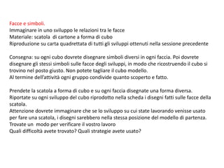 Facce e simboli.
Immaginare in uno sviluppo le relazioni tra le facce
Materiale: scatola di cartone a forma di cubo
Riproduzione su carta quadrettata di tutti gli sviluppi ottenuti nella sessione precedente
Consegna: su ogni cubo dovrete disegnare simboli diversi in ogni faccia. Poi dovrete
disegnare gli stessi simboli sulle facce degli sviluppi, in modo che ricostruendo il cubo si
trovino nel posto giusto. Non potete tagliare il cubo modello.
Al termine dell’attività ogni gruppo condivide quanto scoperto e fatto.
Prendete la scatola a forma di cubo e su ogni faccia disegnate una forma diversa.
Riportate su ogni sviluppo del cubo riprodotto nella scheda i disegni fatti sulle facce della
scatola.
Attenzione dovrete immaginare che se lo sviluppo su cui state lavorando venisse usato
per fare una scatola, i disegni sarebbero nella stessa posizione del modello di partenza.
Trovate un modo per verificare il vostro lavoro
Quali difficoltà avete trovato? Quali strategie avete usato?
 