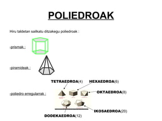 POLIEDROAK
Hiru taldetan sailkatu ditzakegu poliedroak :
-prismak :
-piramideak :
-poliedro erregularrak :
TETRAEDROA(4) HEXAEDROA(6)
OKTAEDROA(8)
IKOSAEDROA(20)
DODEKAEDROA(12)
 