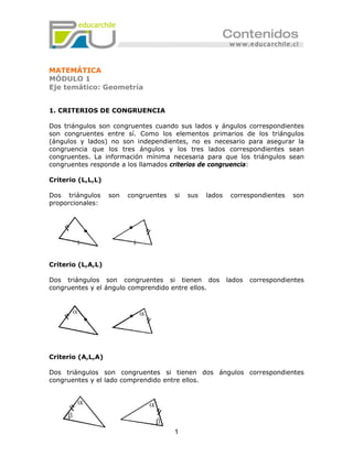 1
MATEMÁTICA
MÓDULO 1
Eje temático: Geometría
1. CRITERIOS DE CONGRUENCIA
Dos triángulos son congruentes cuando sus lados y ángulos correspondientes
son congruentes entre sí. Como los elementos primarios de los triángulos
(ángulos y lados) no son independientes, no es necesario para asegurar la
congruencia que los tres ángulos y los tres lados correspondientes sean
congruentes. La información mínima necesaria para que los triángulos sean
congruentes responde a los llamados criterios de congruencia:
Criterio (L,L,L)
Dos triángulos son congruentes si sus lados correspondientes son
proporcionales:
Criterio (L,A,L)
Dos triángulos son congruentes si tienen dos lados correspondientes
congruentes y el ángulo comprendido entre ellos.
Criterio (A,L,A)
Dos triángulos son congruentes si tienen dos ángulos correspondientes
congruentes y el lado comprendido entre ellos.
 