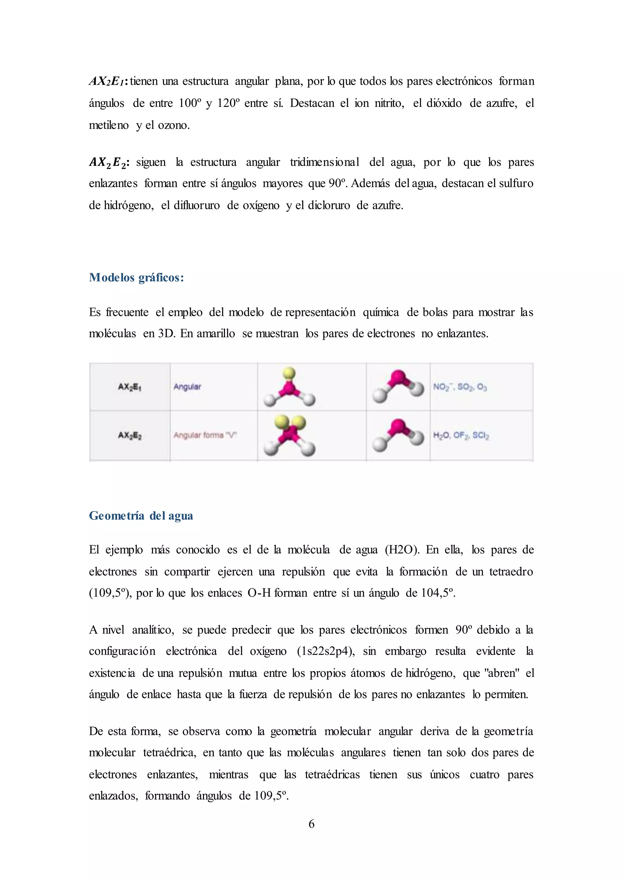 6
AX2E1:tienen una estructura angular plana, por lo que todos los pares electrónicos forman
ángulos de entre 100º y 120º entre sí. Destacan el ion nitrito, el dióxido de azufre, el
metileno y el ozono.
𝑨𝑿 𝟐 𝑬 𝟐: siguen la estructura angular tridimensional del agua, por lo que los pares
enlazantes forman entre sí ángulos mayores que 90º. Además del agua, destacan el sulfuro
de hidrógeno, el difluoruro de oxígeno y el dicloruro de azufre.
Modelos gráficos:
Es frecuente el empleo del modelo de representación química de bolas para mostrar las
moléculas en 3D. En amarillo se muestran los pares de electrones no enlazantes.
Geometría del agua
El ejemplo más conocido es el de la molécula de agua (H2O). En ella, los pares de
electrones sin compartir ejercen una repulsión que evita la formación de un tetraedro
(109,5º), por lo que los enlaces O-H forman entre sí un ángulo de 104,5º.
A nivel analítico, se puede predecir que los pares electrónicos formen 90º debido a la
configuración electrónica del oxígeno (1s22s2p4), sin embargo resulta evidente la
existencia de una repulsión mutua entre los propios átomos de hidrógeno, que "abren" el
ángulo de enlace hasta que la fuerza de repulsión de los pares no enlazantes lo permiten.
De esta forma, se observa como la geometría molecular angular deriva de la geometría
molecular tetraédrica, en tanto que las moléculas angulares tienen tan solo dos pares de
electrones enlazantes, mientras que las tetraédricas tienen sus únicos cuatro pares
enlazados, formando ángulos de 109,5º.
 