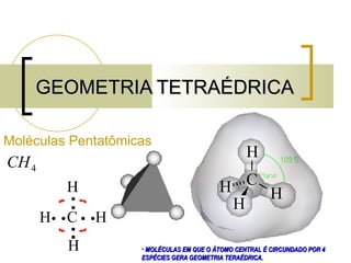 GEOMETRIA TETRAÉDRICA Moléculas Pentatômicas MOLÉCULAS EM QUE O ÁTOMO CENTRAL É CIRCUNDADO POR 4 ESPÉCIES GERA GEOMETRIA TERAÉDRICA. 