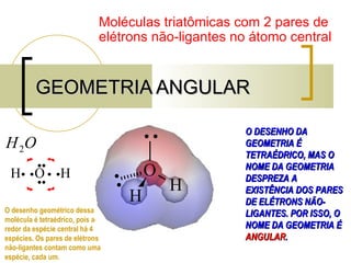 GEOMETRIA ANGULAR Moléculas triatômicas com 2 pares de elétrons não-ligantes no átomo central O DESENHO DA GEOMETRIA É TETRAÉDRICO, MAS O NOME DA GEOMETRIA DESPREZA A EXISTÊNCIA DOS PARES DE ELÉTRONS NÃO-LIGANTES. POR ISSO, O NOME DA GEOMETRIA É  ANGULAR . O desenho geométrico dessa molécula é tetraédrico, pois ao redor da espécie central há 4 espécies. Os pares de elétrons não-ligantes contam como uma espécie, cada um. 