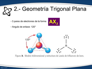 2.- Geometría Trigonal Plana
- 3 pares de electrones de la forma
                                      AX3
- Angulo de enlace: 120°
 
