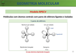 GEOMETRIA MOLECULAR
15
Modelo RPECV
Moléculas com átomos centrais com pares de elétrons ligantes e isolados
5 pares de elétrons
Arranjo eletrônico bipirâmide triangular
AX5
AX4E1
Equatorial
Axial
 