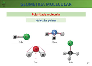 GEOMETRIA MOLECULAR
29
Polaridade molecular
Moléculas polares
Polar
 