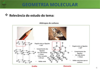 GEOMETRIA MOLECULAR
4
 Relevância do estudo do tema:
Grafite Diamante
• Ângulo entre as ligações
= 120°
• Comprimento das
ligações:
- Em cada átomo
= 141pm
- Entre camadas
= 335 pm
• Sólido mole
• Ângulo entre as ligações
= 109°
• Comprimento das
ligações:
- Em cada átomo
- = 154pm
• Sólido mais duro que se
conhece.
Alótropos de carbono
 